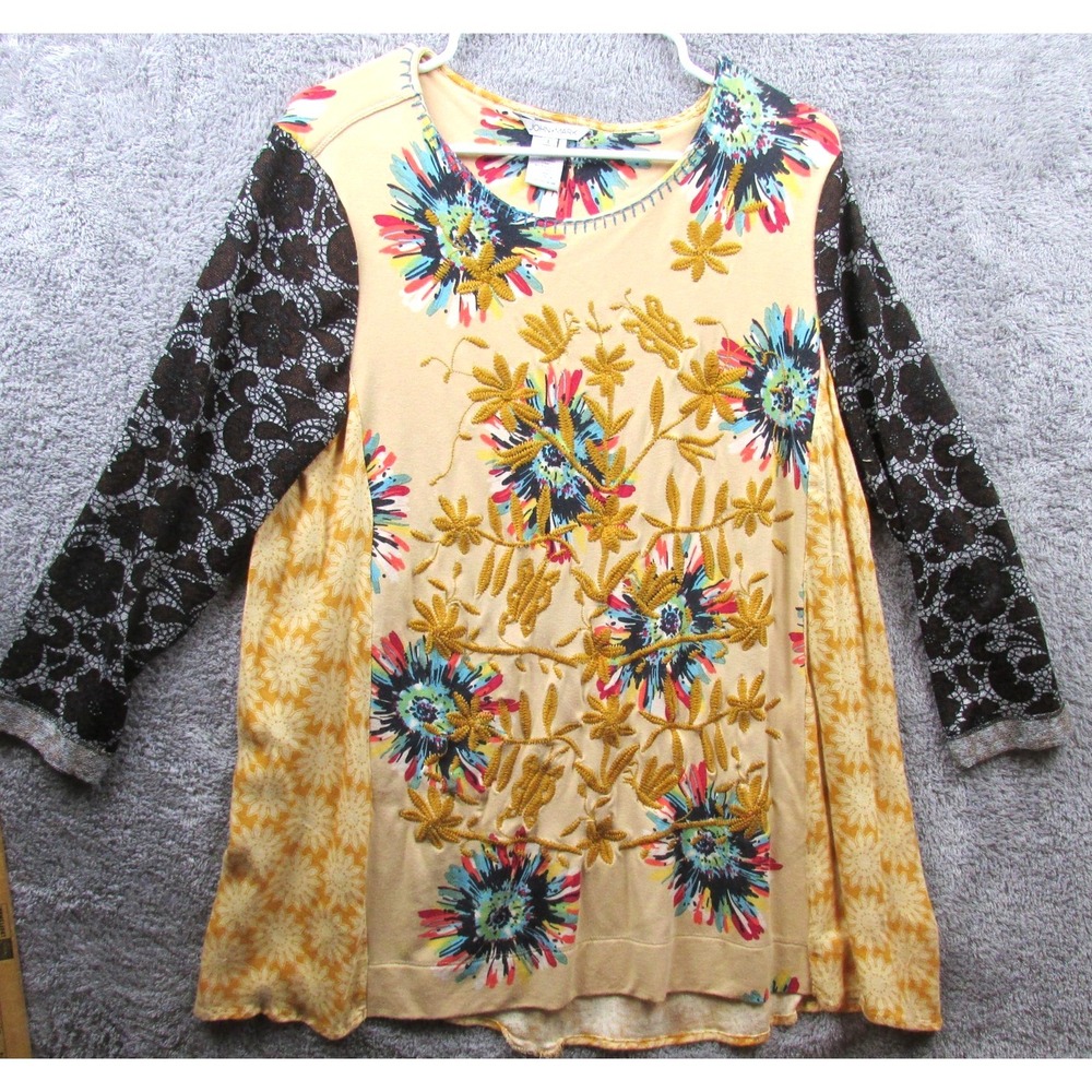 John‎ Mark Shirt Womens Large Yellow Floral Mixed Print Tunic 3/4 Sleeve Boho